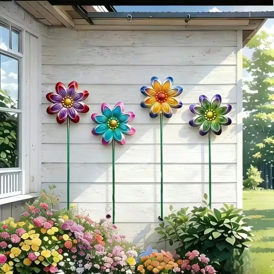 décorations jardin fleurs rouges jaunes bleues vertes violettes oranges rayées tiges métalliques modernes