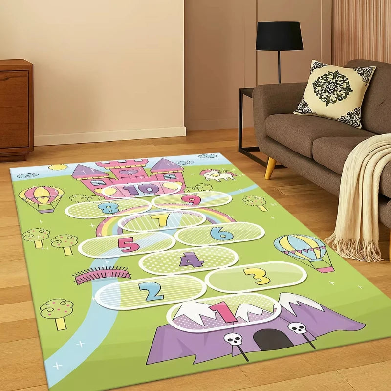 tapis enfant moderne rose clair bleu rouge jaune vert motif numéro empreinte pied lettres