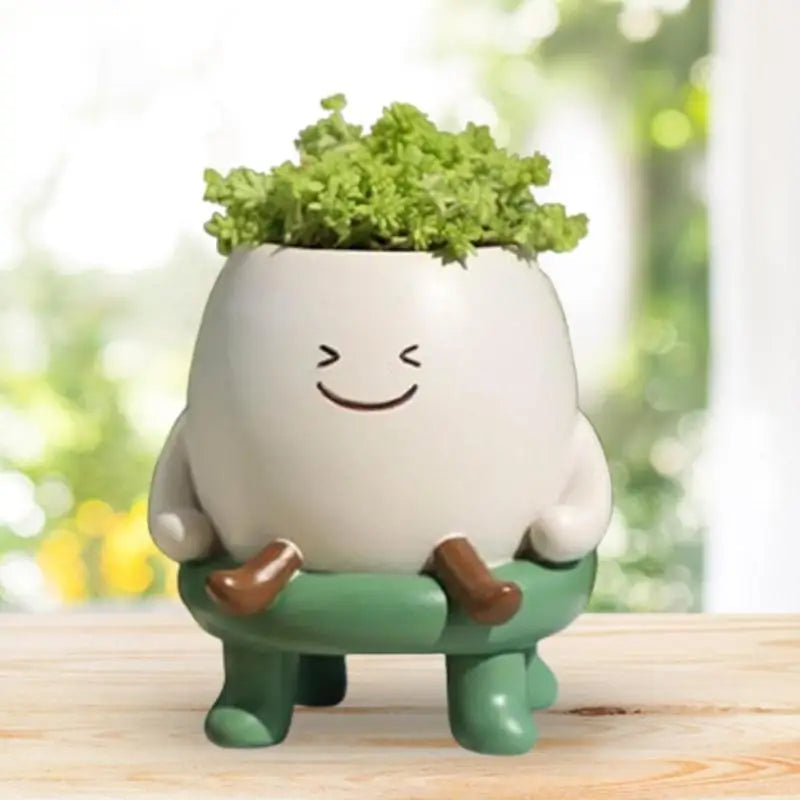cache pot blanc souriant moderne plante verte inclusion visage souriant cartoon patte marron
