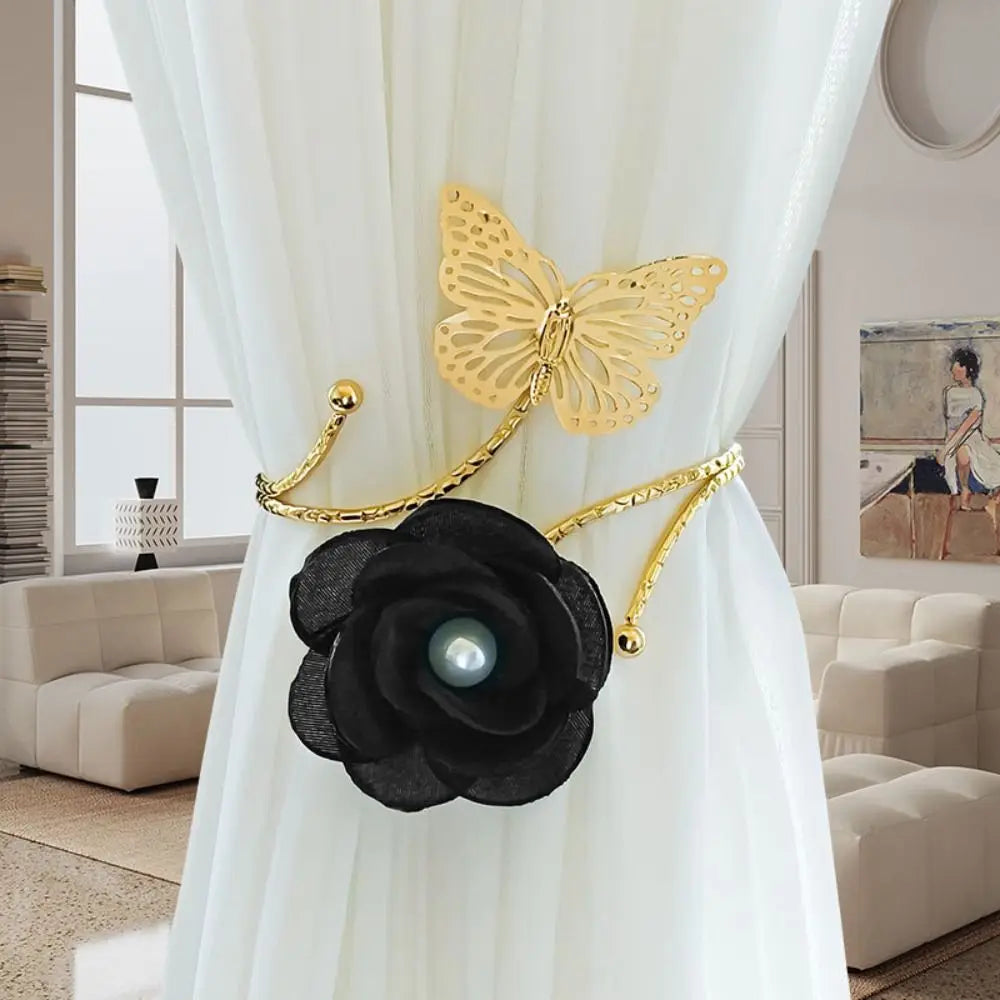 accessoires fenetre sangles rideau papillon fleur blanche dorée élégante transparente