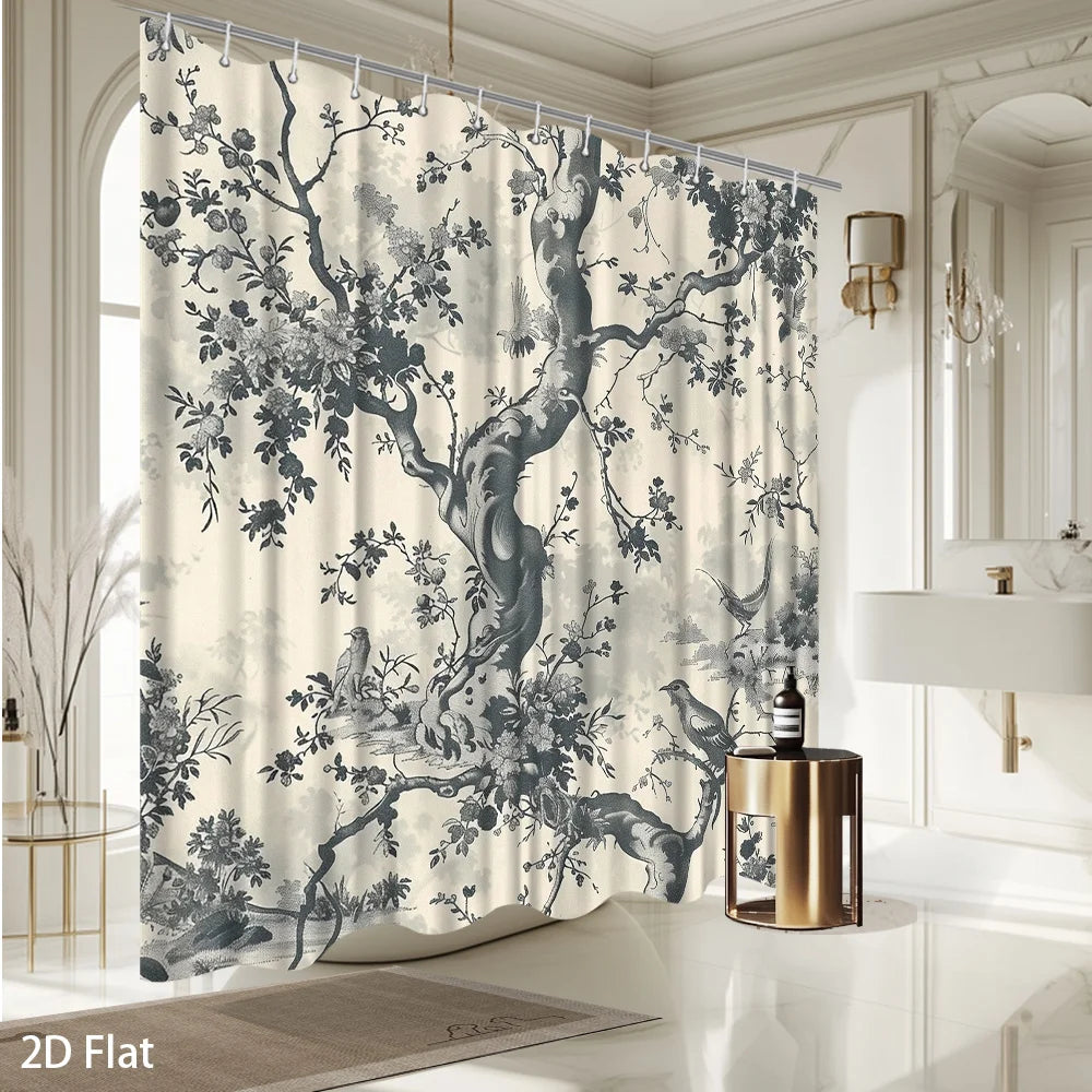rideau douche polyester arbre oiseaux classique naturel gris beige moderneôtelte