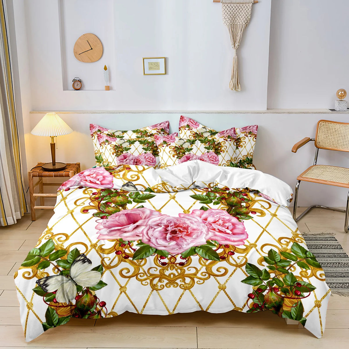 ensemble lit floréal rose vert or couette taies d'oreiller motifs floraux baroque moderne