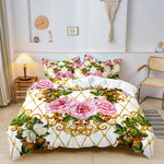 ensemble lit floréal rose vert or couette taies d'oreiller motifs floraux baroque moderne