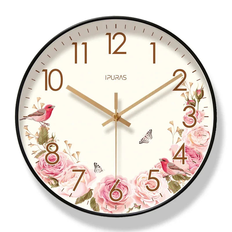 horloge murale décorative fleurs roses papillons oiseaux cadre doré floral salon intérieur moderne
