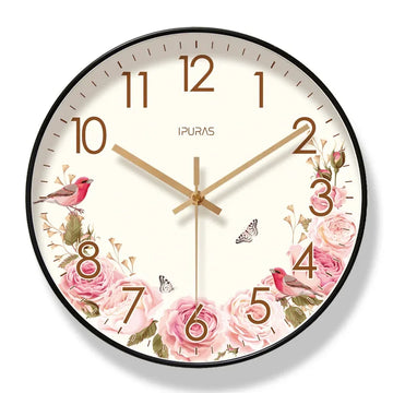 horloge murale décorative fleurs roses papillons oiseaux cadre doré floral salon intérieur moderne