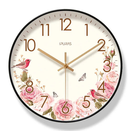 horloge murale décorative fleurs roses papillons oiseaux cadre doré floral salon intérieur moderne