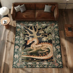 tapis art nouveau dragon stylisé bleu noir vert arbre fleurs moderne salon chambre