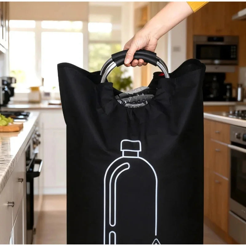 sac poubelle pliable réutilisable tissu noir blanc motif recyclage moderne 72cm hauteur 38cm largeur