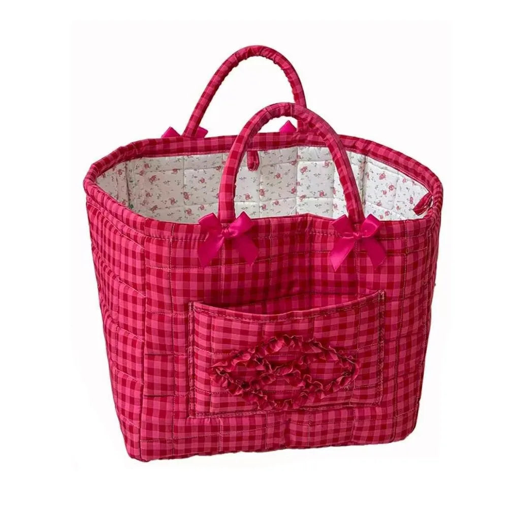 panier tissu carreaux rouge blanc vintage poignées détachables rangement multiple chambre enfant