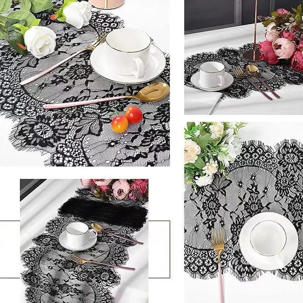 nappe dentelle florale noire blanche maison fête décoration transparente élégante champêtre assiettes verres