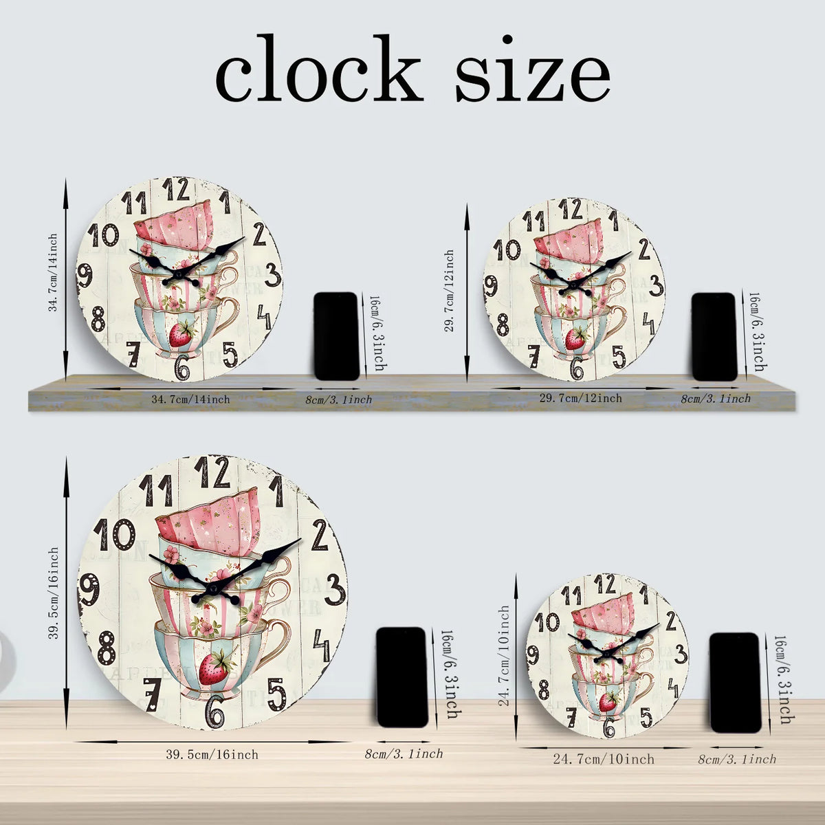 horloge murale bois motif thé fleuri vintage salon chambre 11 14 16 pouces quartz
