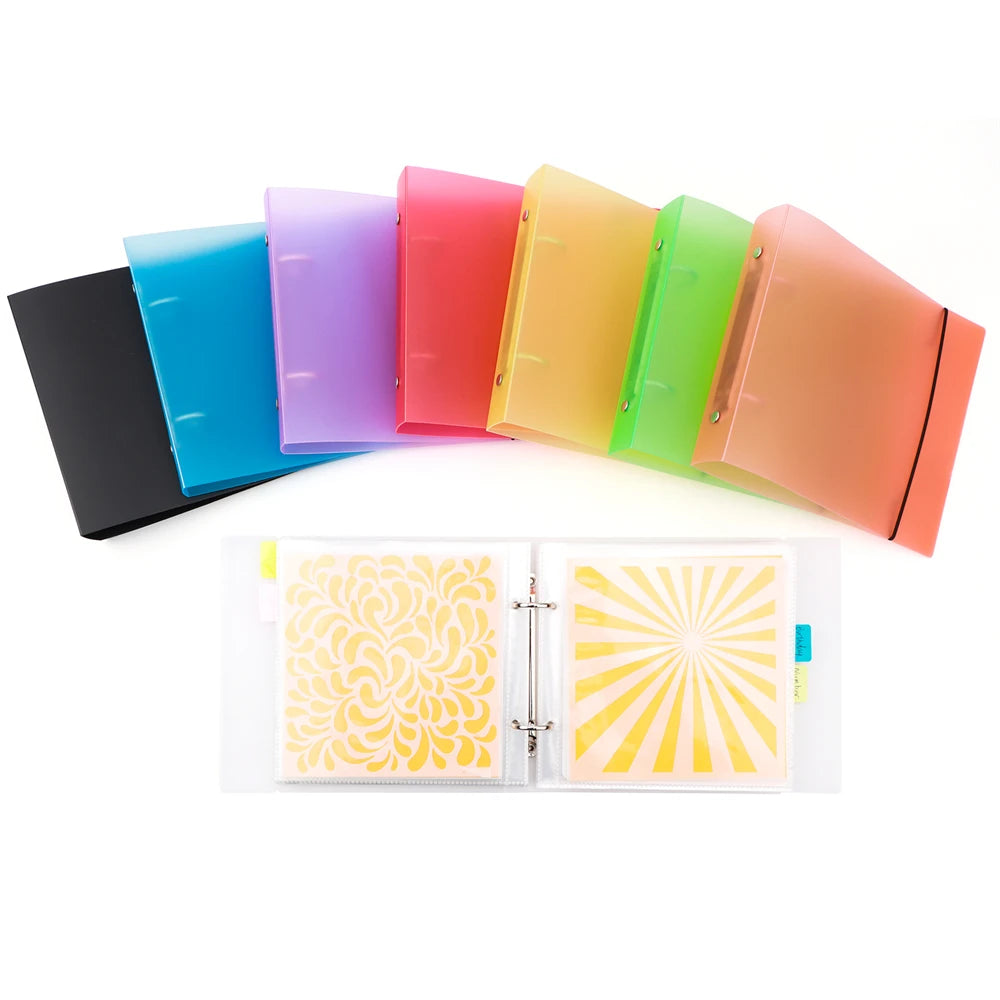 organisateur pochoirs scrapbooking portfolios anneaux couleurs motifs floraux géométriques feuilles transparentes étiquettes autocollantes pochettes