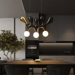 Suspension lumineuse contemporaine bois marron clair doré noir trois ampoules blanches salon restaurant chambre