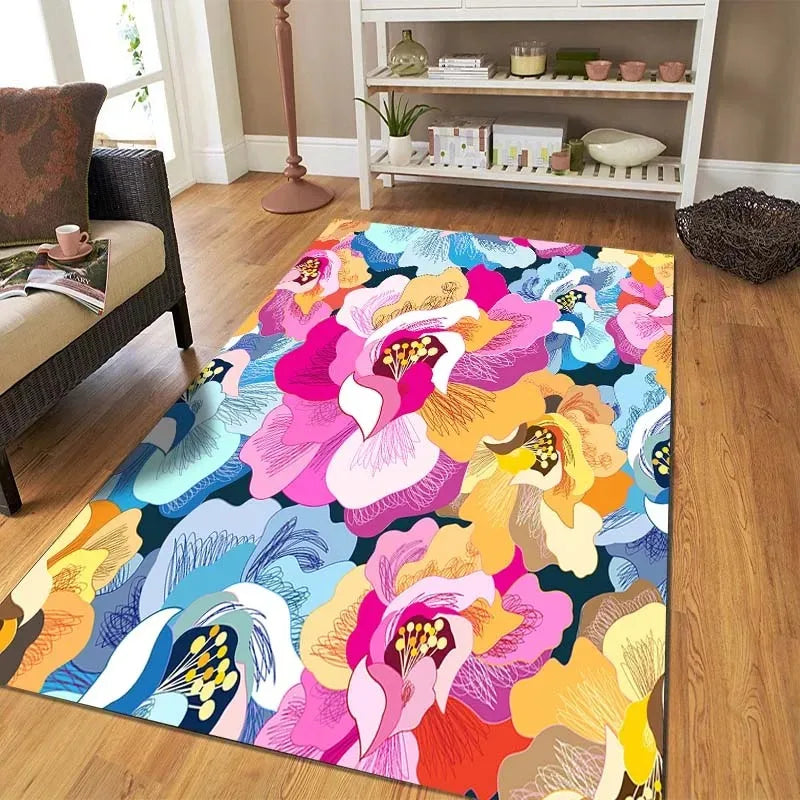 tapis sol décoratif moderne motif fleurs coloré salon maison entrée chambre intérieur polyester