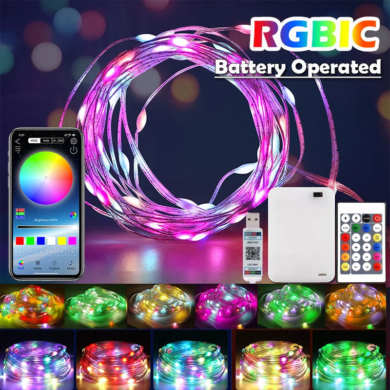 Guirlande LED RGBIC Bluetooth avec piles allumée en multicolore
