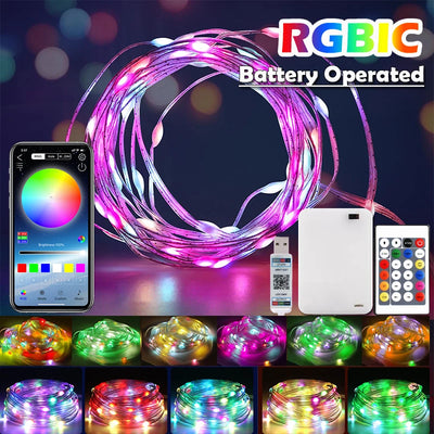 Guirlande LED RGBIC Bluetooth avec piles allumée en multicolore