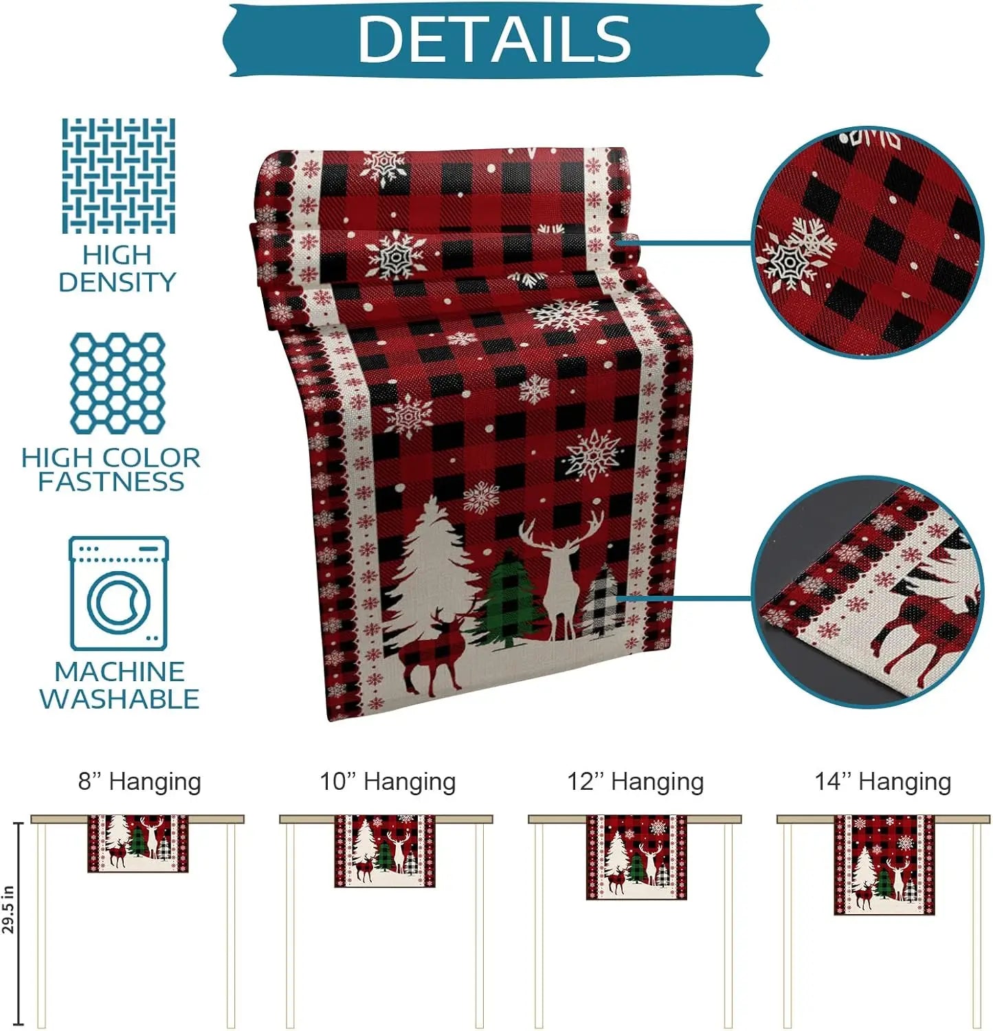 Serviette de Noël décorative avec un motif de fleurs de neige, de cerfs et de sapins sur un fond rouge et noir, disponible en plusieurs tailles pour une décoration murale.