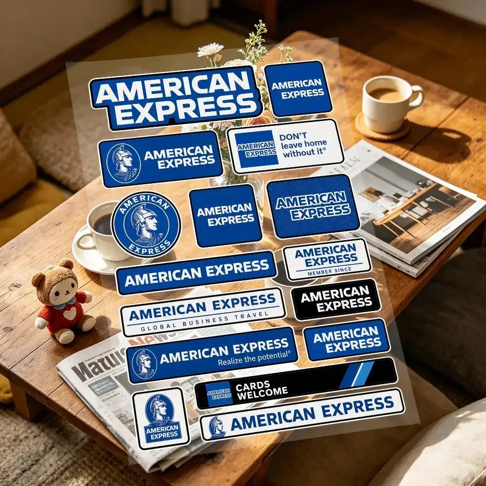 stickers american express vintage adhésifs bleu blanc rouge marron transparents motifs logos