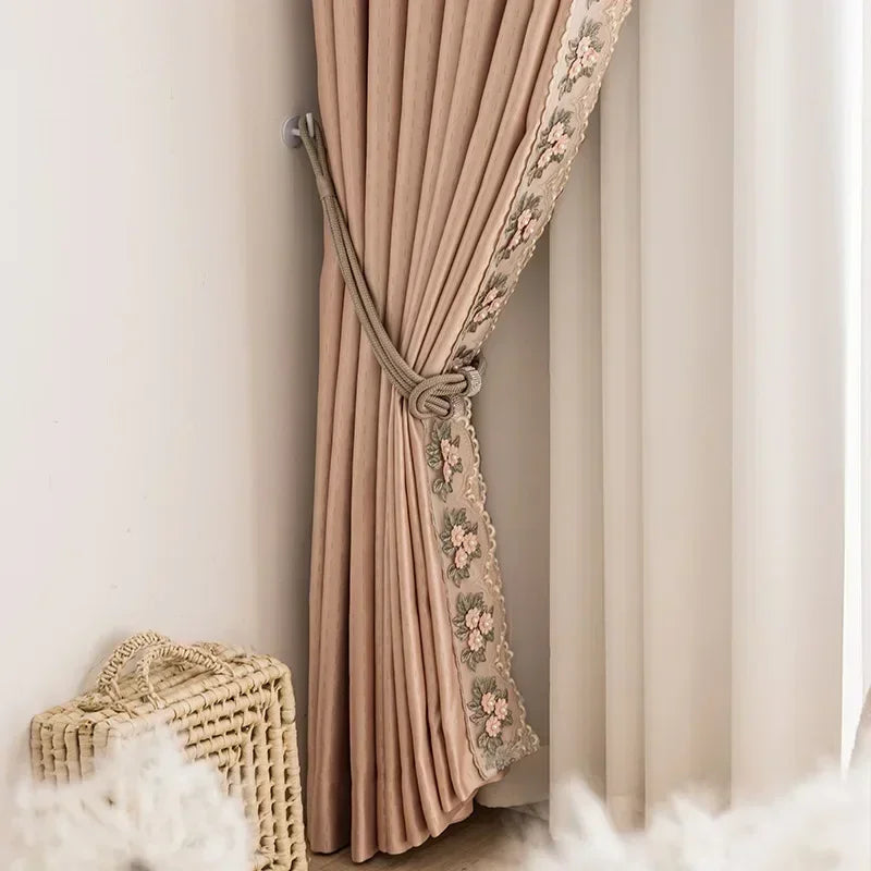 rideau rose pâle brodé fleur classique opacité bordure dentelée européen chambre salon polyester