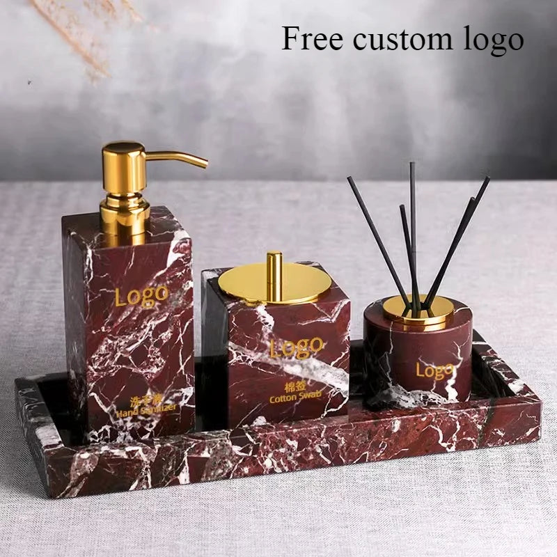 ensemble salle bain marbre rouge distributeur savon porte savon diffuseur huile essentielle moderne