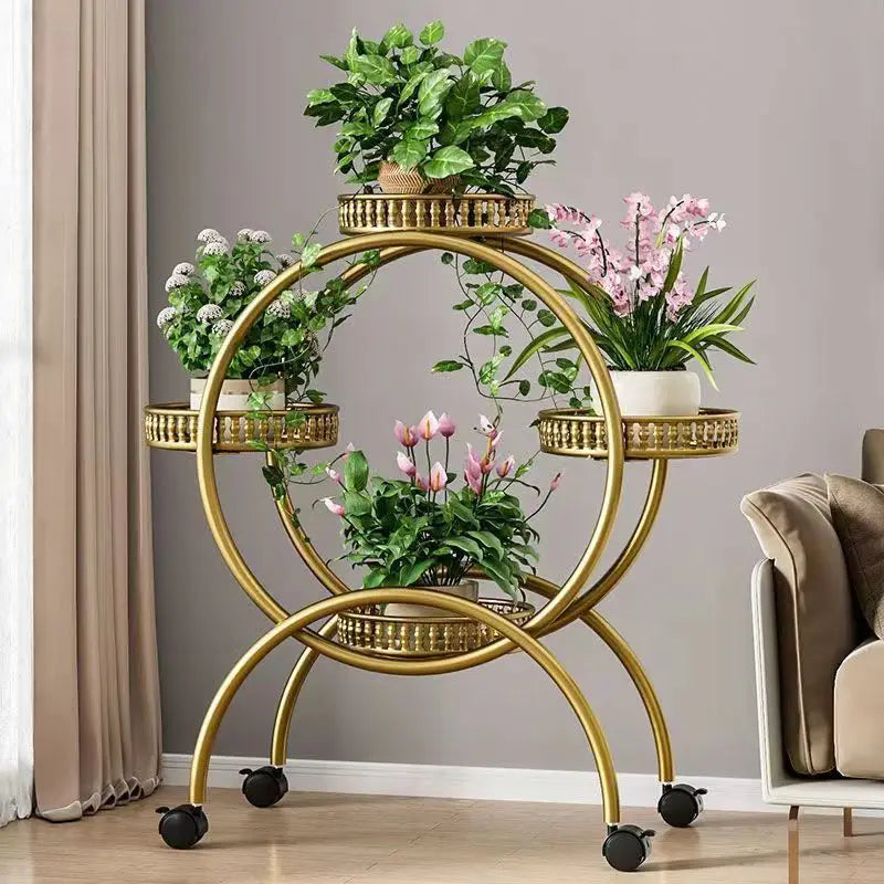 meuble plantes moderne blanc marron doré ajouré barreaux verticaux roulette grille bord relevé