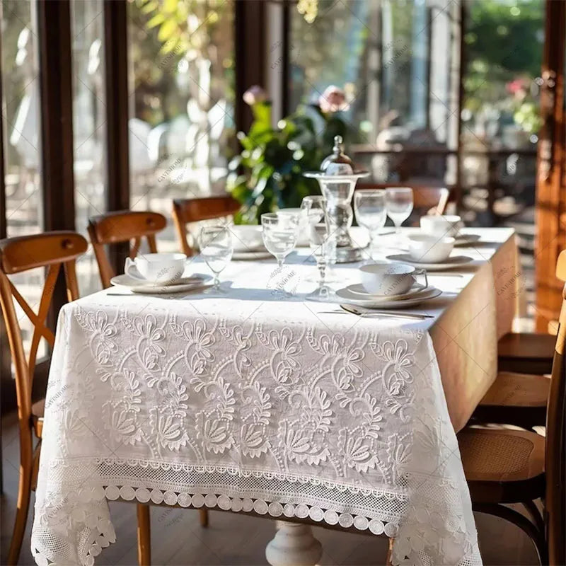 nappe table brodée florale dentelée noël blanc usage extérieur mariage festive polyester rectangle