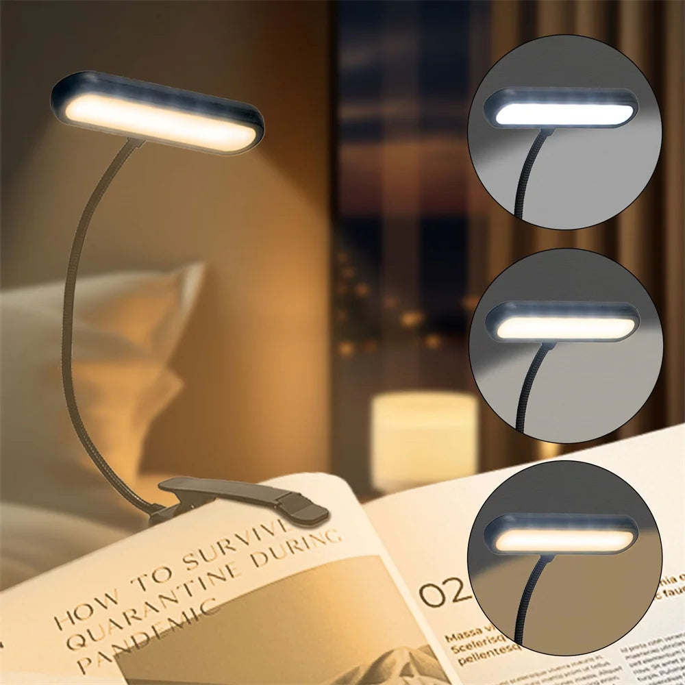 lampe lecture rechargeable led pince livre noir moderne couleurs usb cable court contrôle tactile