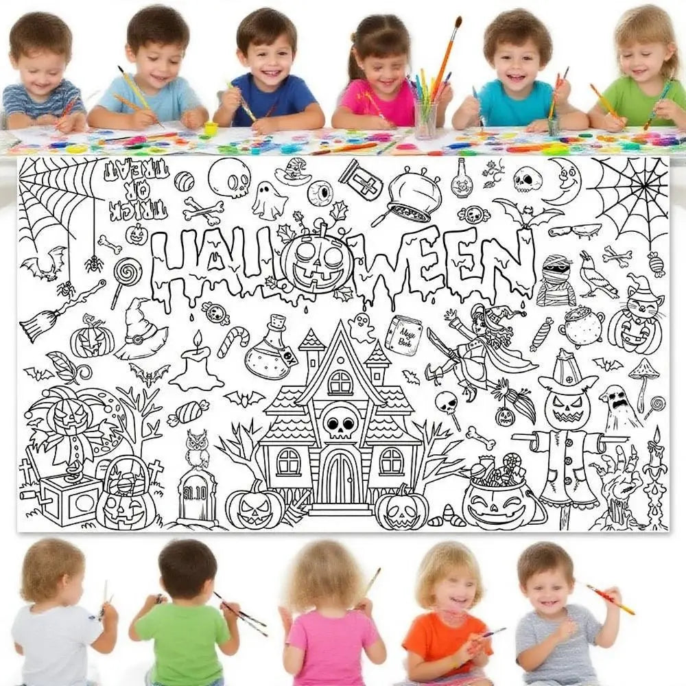tableau colorier halloween fantômes citrouilles sorcières dessin animé blanc opacité crayons palette