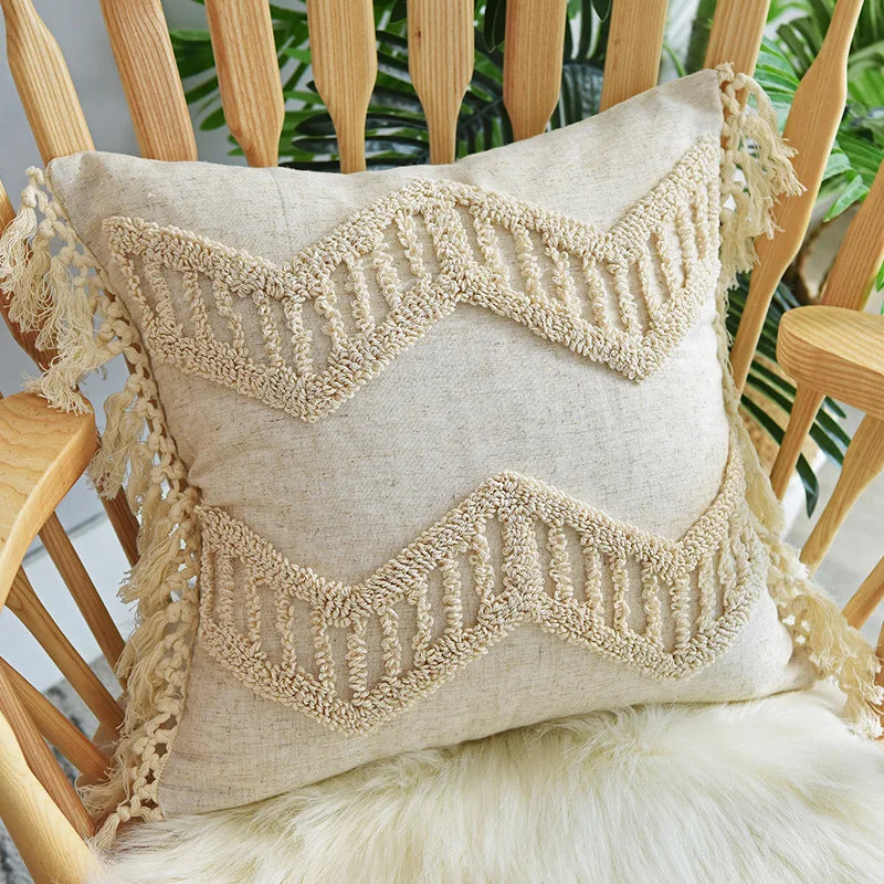 coussin beige géométrique frange boho chic intérieur décoration maison lavable