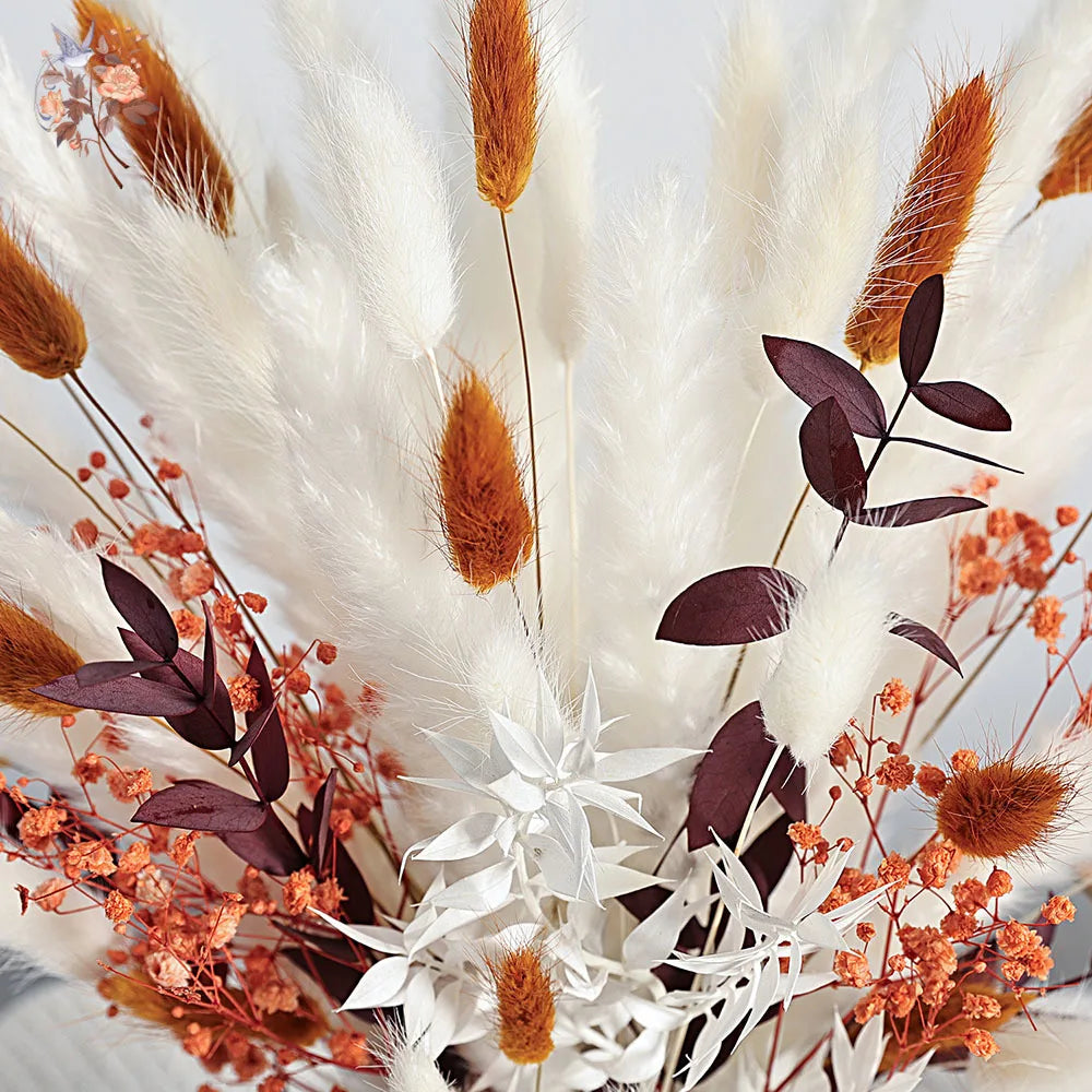 bouquet fleurs séchées naturelles blanches oranges brunes plumes feuilles anniversaire mariage decoration