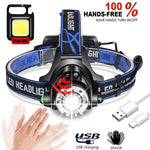 lampe frontale led rechargeable noir bleu tissu bandes batteries aaa câble usb pliante 90°