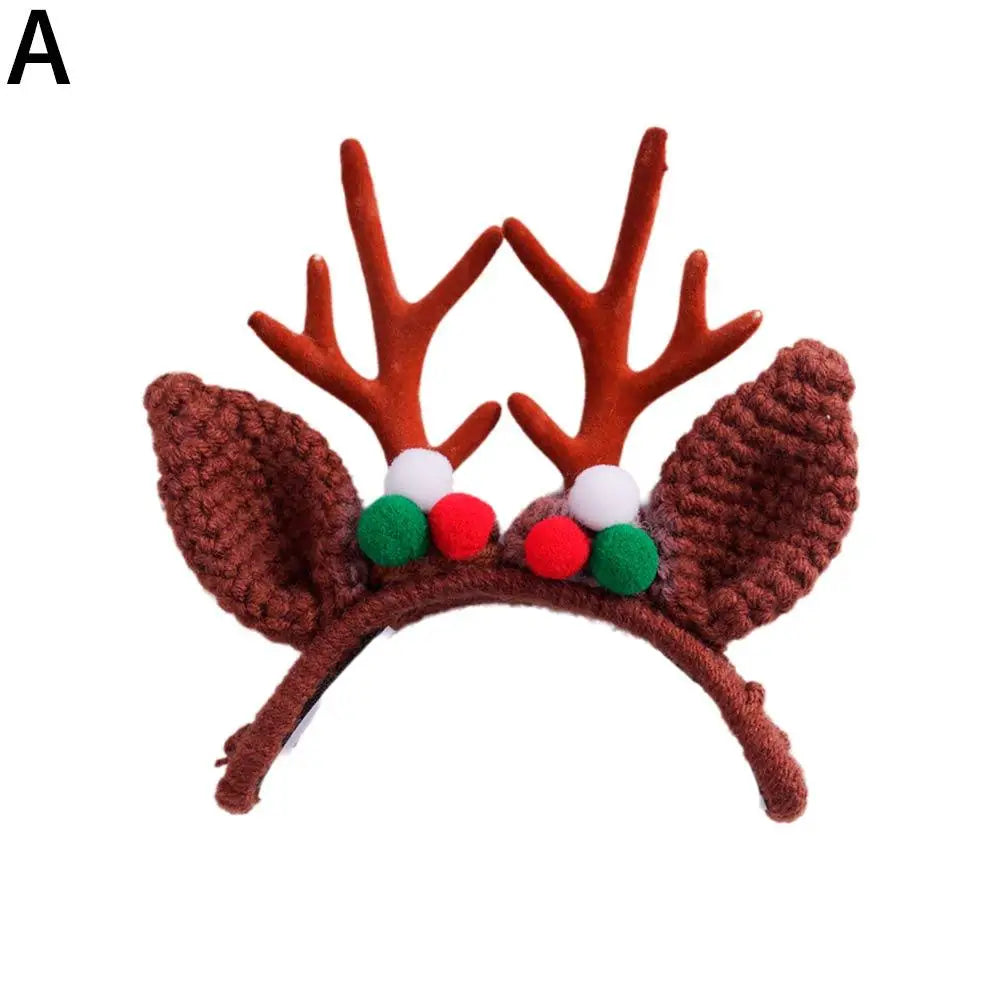 couronne cerf rouge marron blanche peluche crochetée festive élastique pompons fleurs artificielles