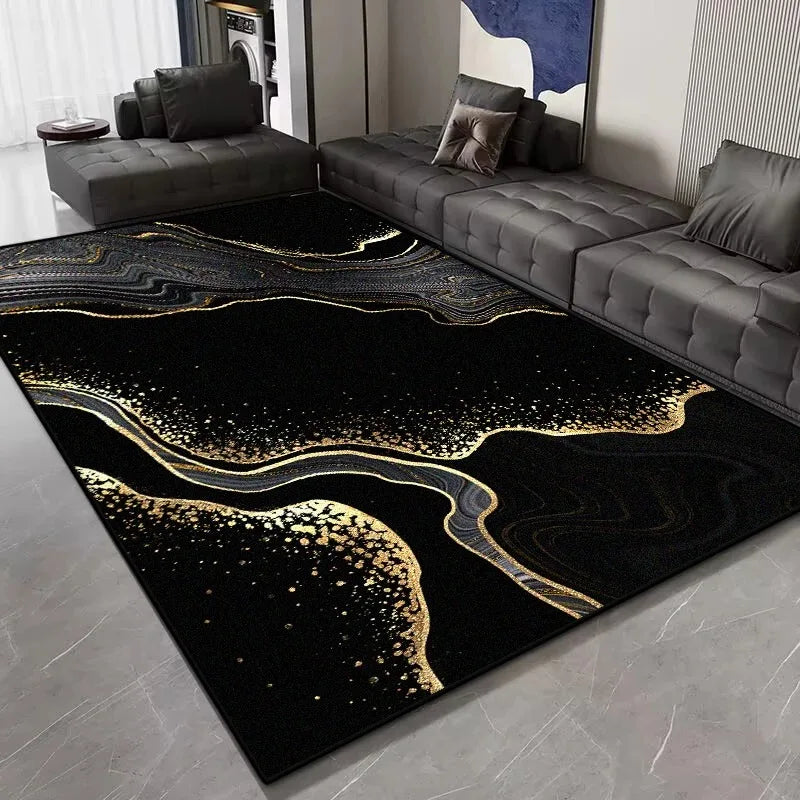 tapis moderne marbre noir géométrique salon facile nettoyer antidérapant polypropylène polyester
