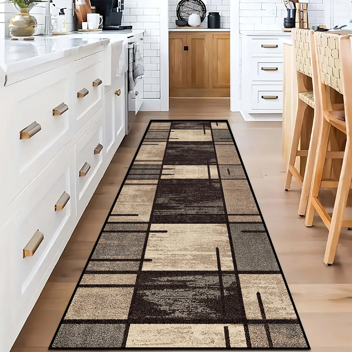 tapis géométrique vintage noir beige gris salon entrée couloir facile nettoyage polyester moderne contemporainextérieur