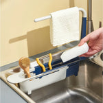 rangement évier extensible moderne barrette porte torchons compartiments brosses éponges vert jaune blanc bleu