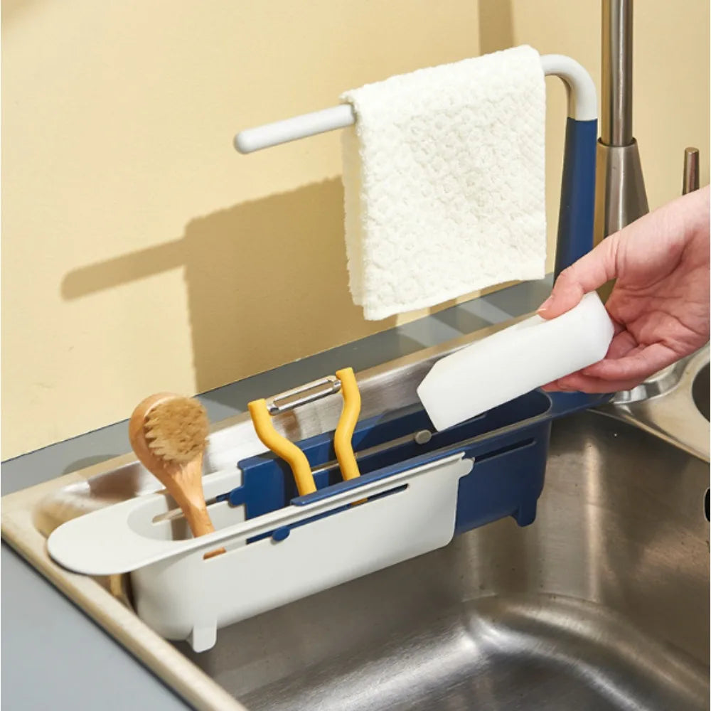 rangement évier extensible moderne barrette porte torchons compartiments brosses éponges vert jaune blanc bleu