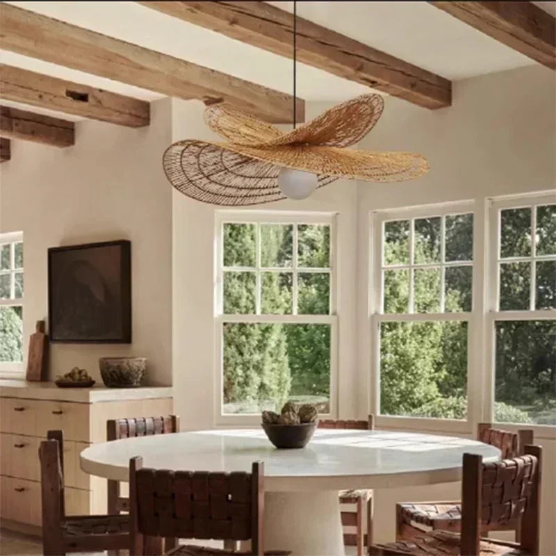 suspension lumineuse tressée wicker naturel moderne rustique salon chambre lumière chaîne métallique ampoule