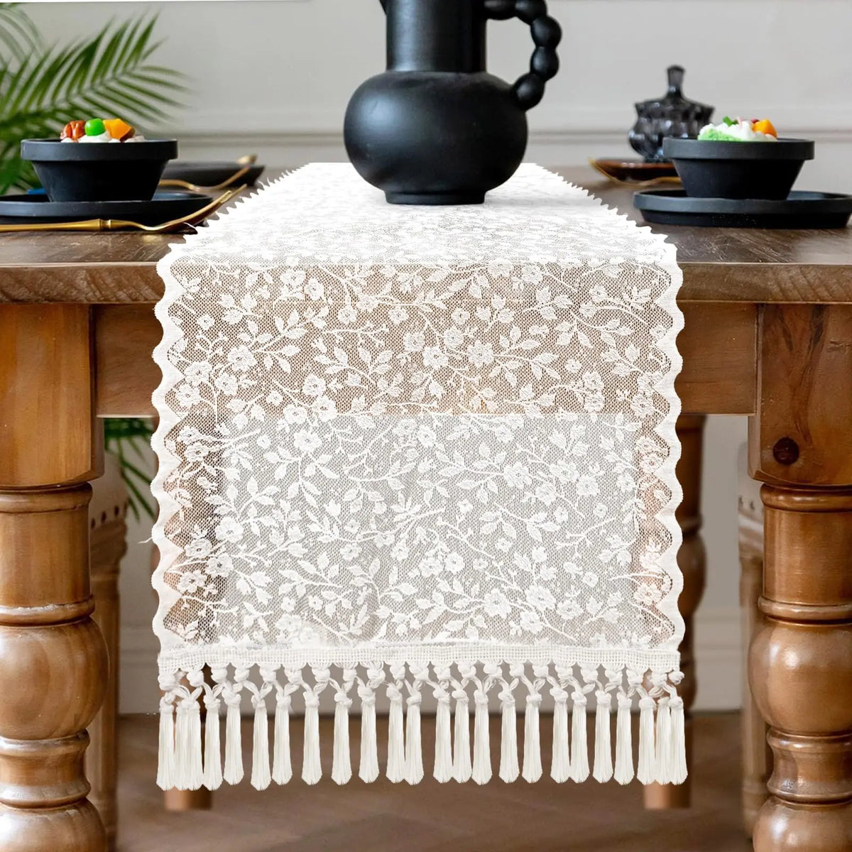 chemin table blanc broderie florale classique décoration table mariage maison rustique