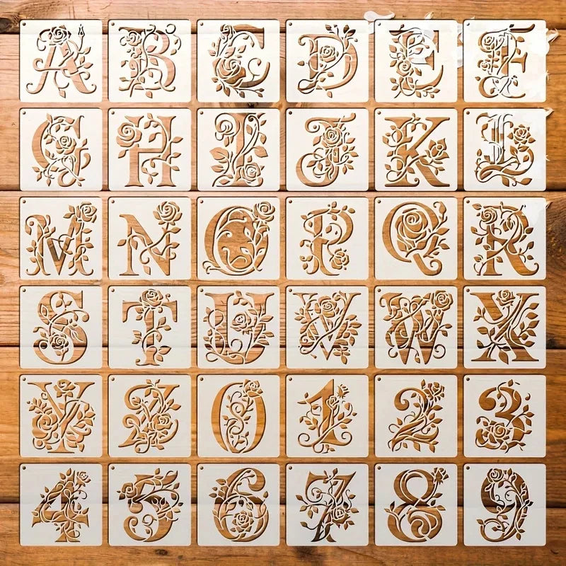 pochoirs lettres chiffres motifs floraux ornementaux décoration murale peinture flexible vintage blanc bois
