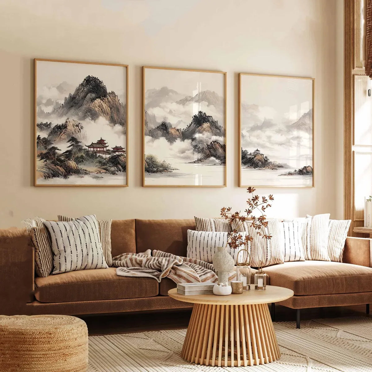 tableaux paysages montagneux nuages encre traditionnelle artistique decoration murale beige gris noir blanc moderne