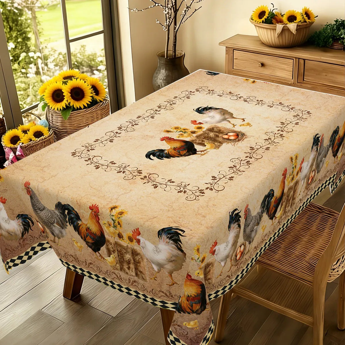 nappe rectangulaire imperméable poules coqs rustique fête cuisine