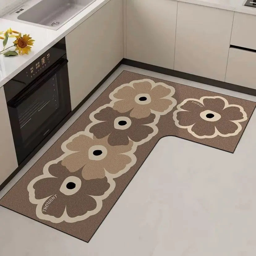 tapis cuisine noir fleurs stylisées moderne imperméable antidérapant polypropylène PVCintérieur sèche rapidement
