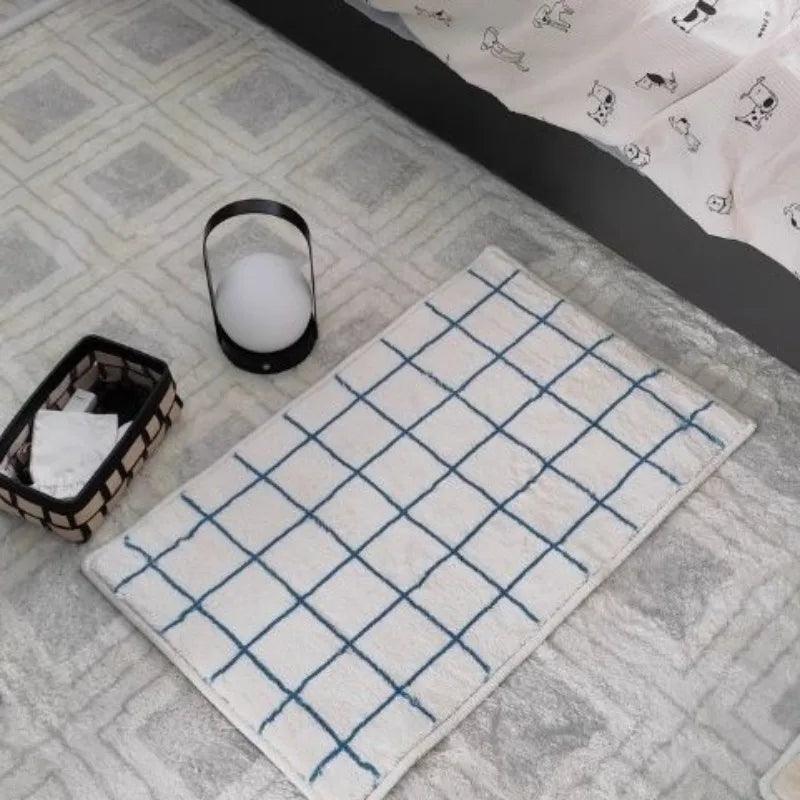 tapis moderne polyester résistant décoloration taille 40x60cm 50x80cm 60x90cm 80x120cm couleur beige bleu grille