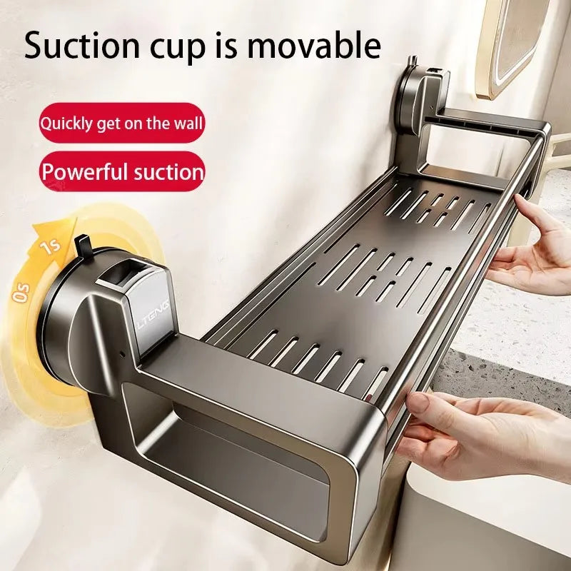 étagère salle bain argentée suction cup moderne minimaliste rangement bouteilles cosmétiques serviettes accessoires