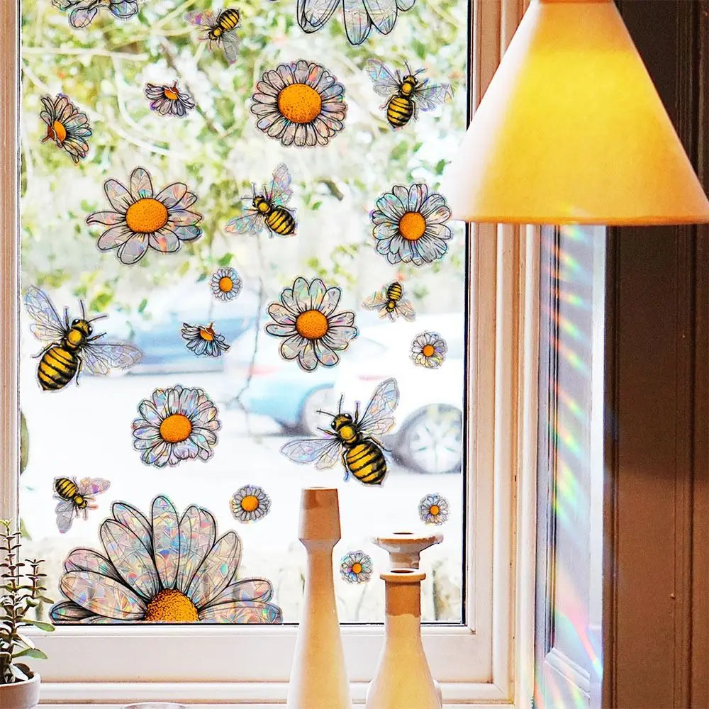 stickers fenetre decoratifs fleurs arc ciel multicolores adhésifs pvc naturel artistique