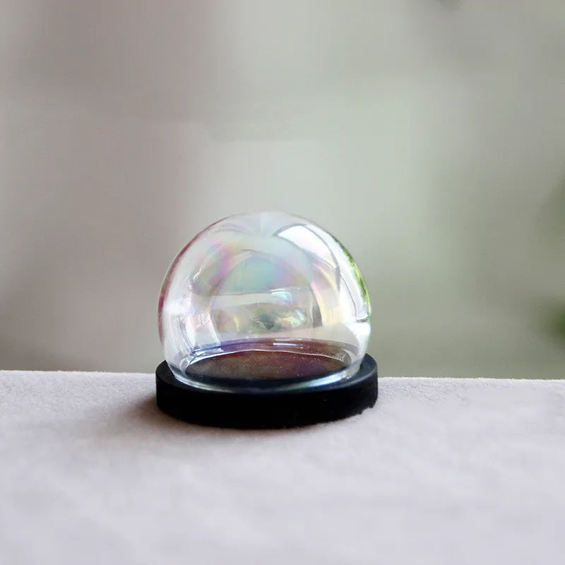 vase boule verre transparent base bois couvercle fleurs séchées