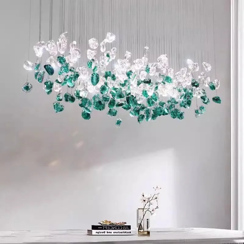 suspension lumineuse moderne gouttes cristal transparent verte ambrée 100cm 120cm 150cm