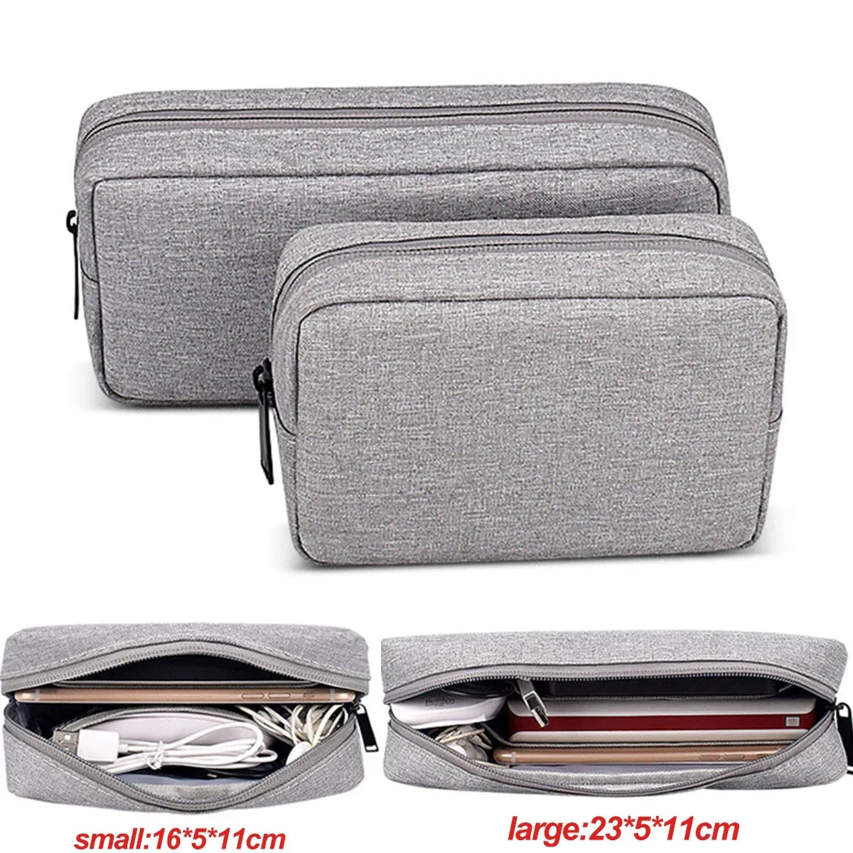 Sac main moderne toile gris clair zip compartiments internes taille 16 23 cm
