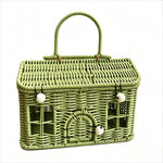 panier rangement osier motif maison fenêtres porte vintage bleu vert rose marron beige poignée
