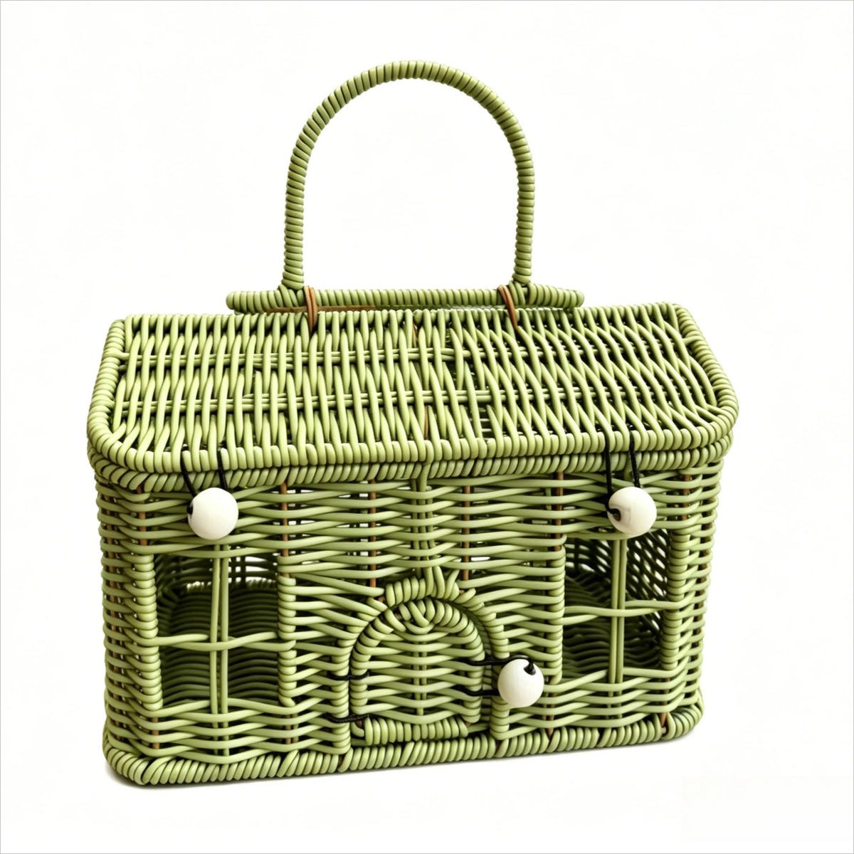 panier rangement osier motif maison fenêtres porte vintage bleu vert rose marron beige poignée